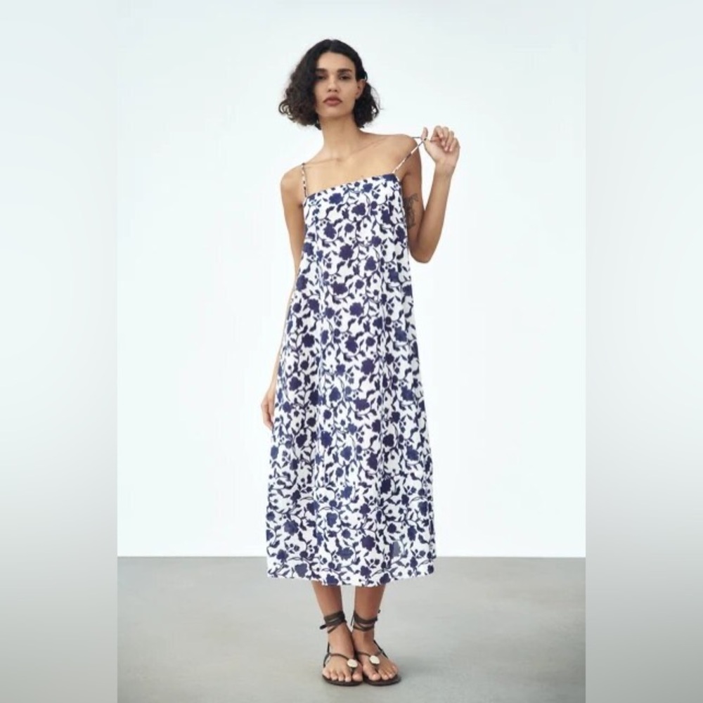 Zara White and Navy Floral Midi Dress